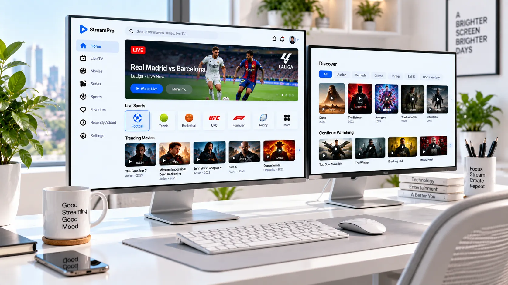 Testaufbau für IPTV-Anbieter-Bewertung: Laptop mit Speedtest, Fire TV und Stoppuhr