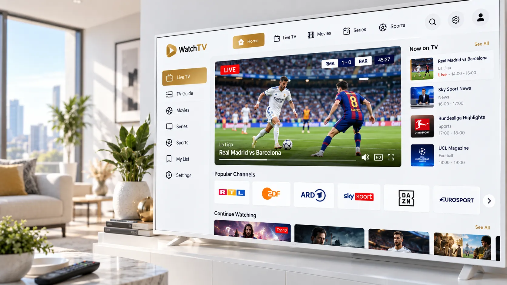 Fire TV Stick 4K Max in der Hand — IPTV-App im Hintergrund auf dem Fernseher