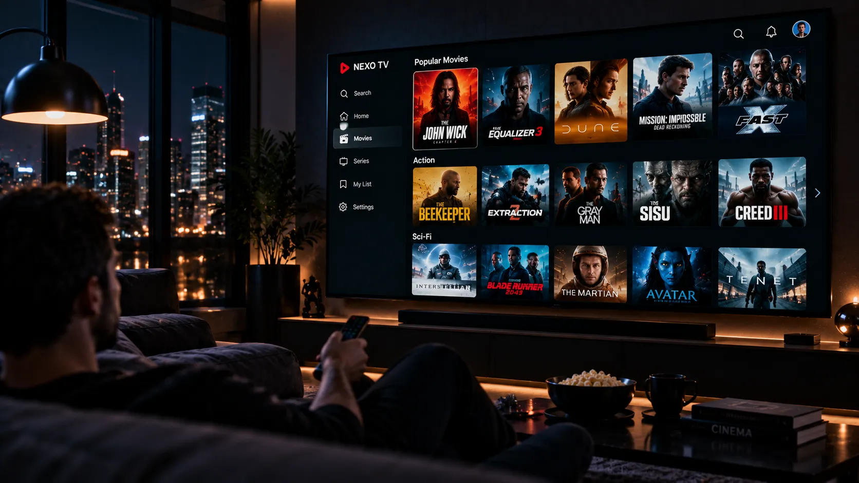TiviMate-App auf einem Fire TV Stick — EPG-Übersicht mit deutschen Sendern und geöffnetem Einstellungsmenü