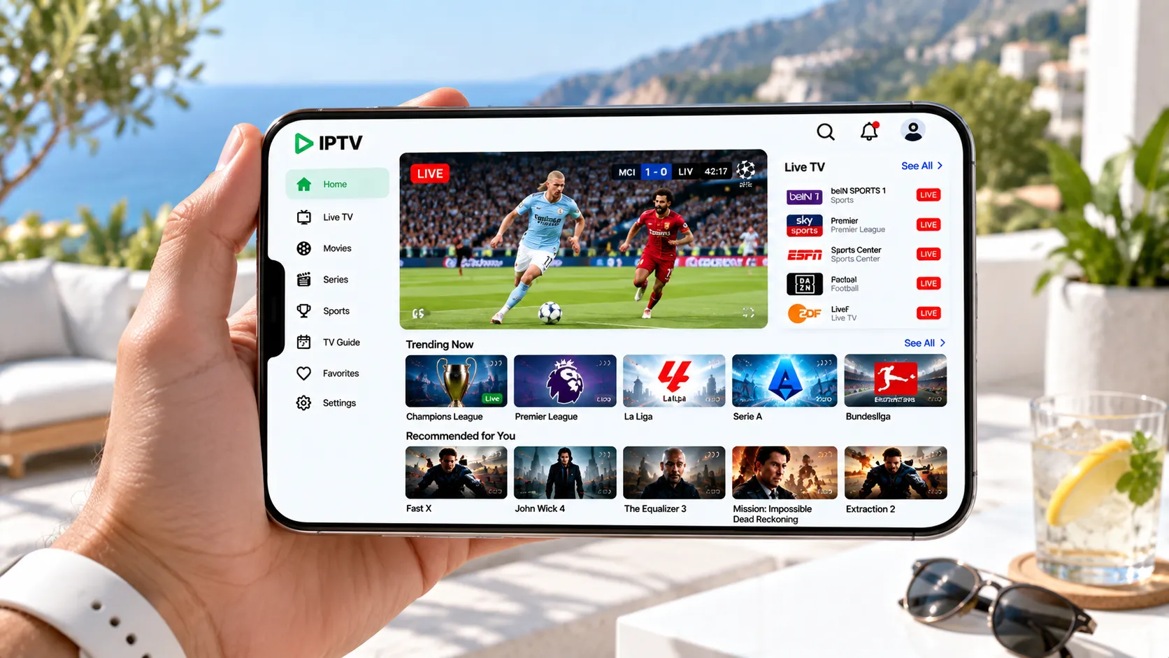 Signalweg eines IPTV-Streams: vom Inhaltsserver über das Internet und den Router bis zum Smart TV
